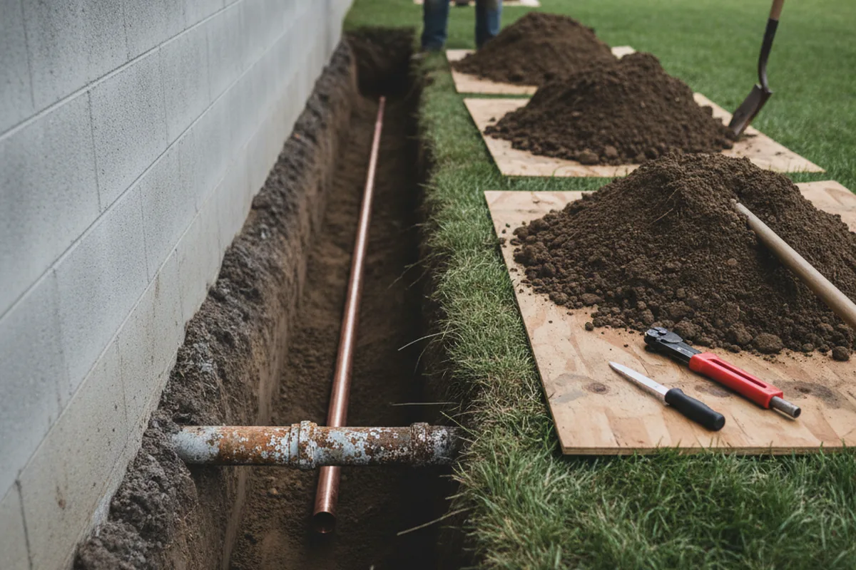 Excavated water line trench during Water Softener Installation in Kenedy